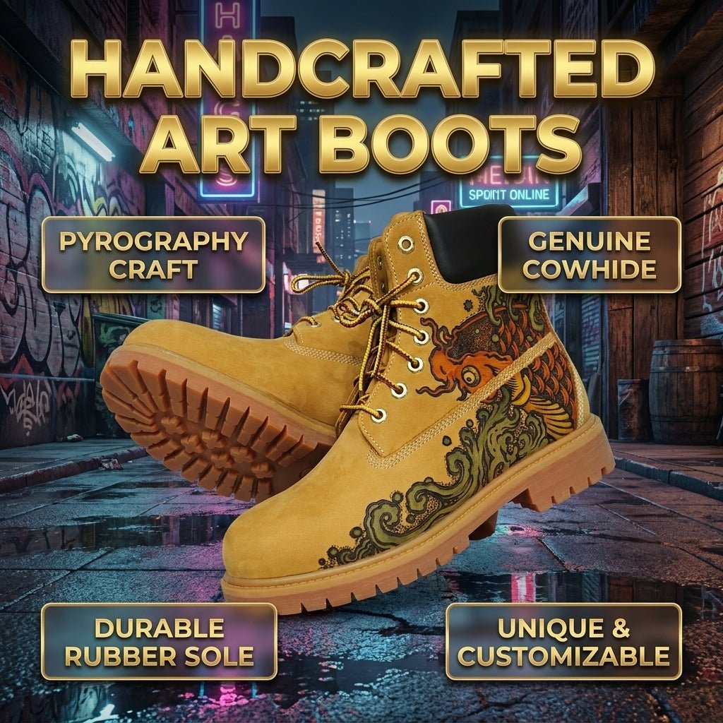 Custom Hand‑Branded Leather Work Boots for Men, Premium Genuine Leather Tactical Ankle Boots Hand‑Pyrography Genuine Leather Work Boots