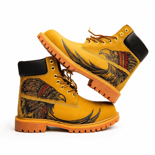 Hand-Engraved Eagle Leather Boots | Yellow Cowhide Work Boot Hand‑Pyrography Genuine Leather Work Boots