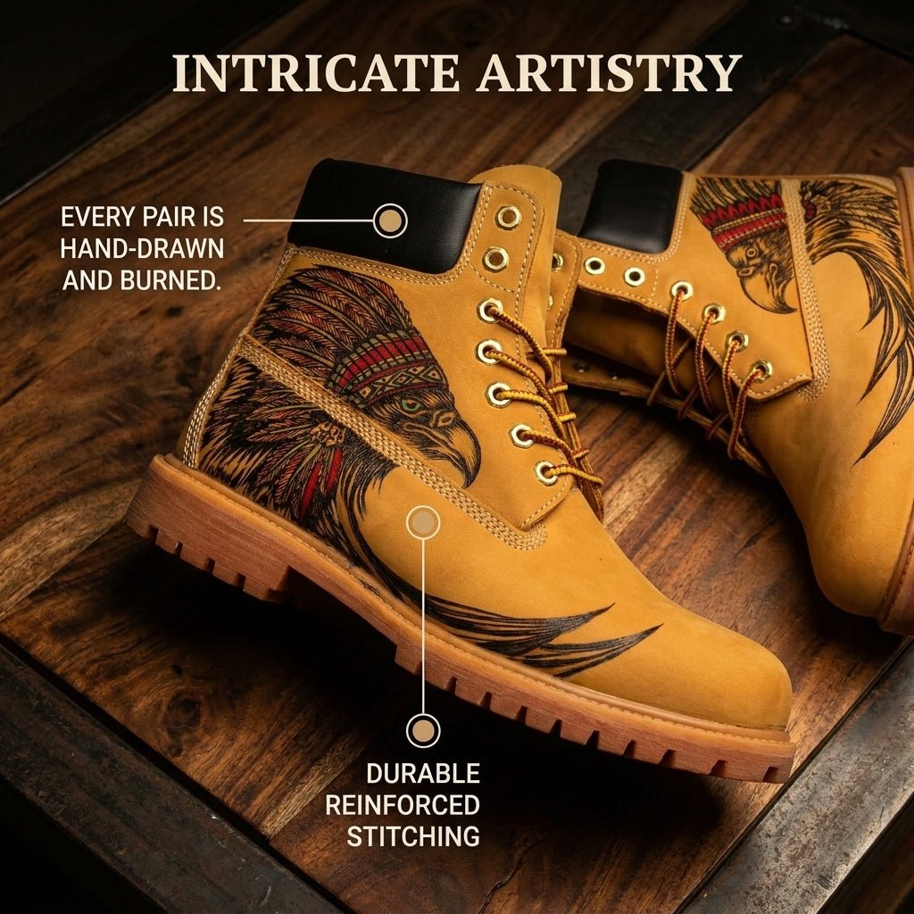 Hand-Engraved Eagle Leather Boots | Yellow Cowhide Work Boot Hand‑Pyrography Genuine Leather Work Boots