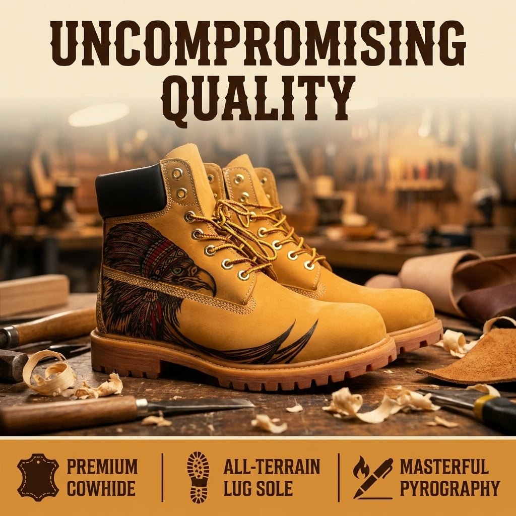 Hand-Engraved Eagle Leather Boots | Yellow Cowhide Work Boot Hand‑Pyrography Genuine Leather Work Boots