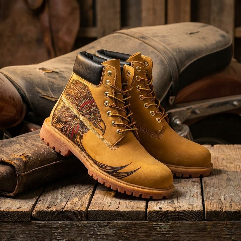 Hand-Engraved Eagle Leather Boots | Yellow Cowhide Work Boot Hand‑Pyrography Genuine Leather Work Boots