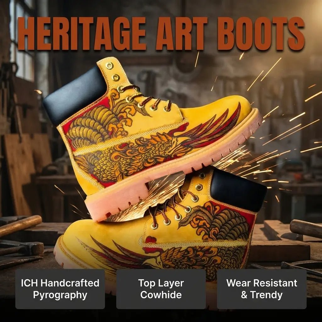 Handcrafted Phoenix Pyrography Leather Work Boots | Amber Cowhide Hand‑Pyrography Genuine Leather Work Boots