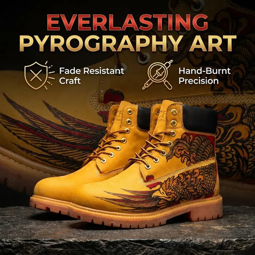 Handcrafted Phoenix Pyrography Leather Work Boots | Amber Cowhide Hand‑Pyrography Genuine Leather Work Boots