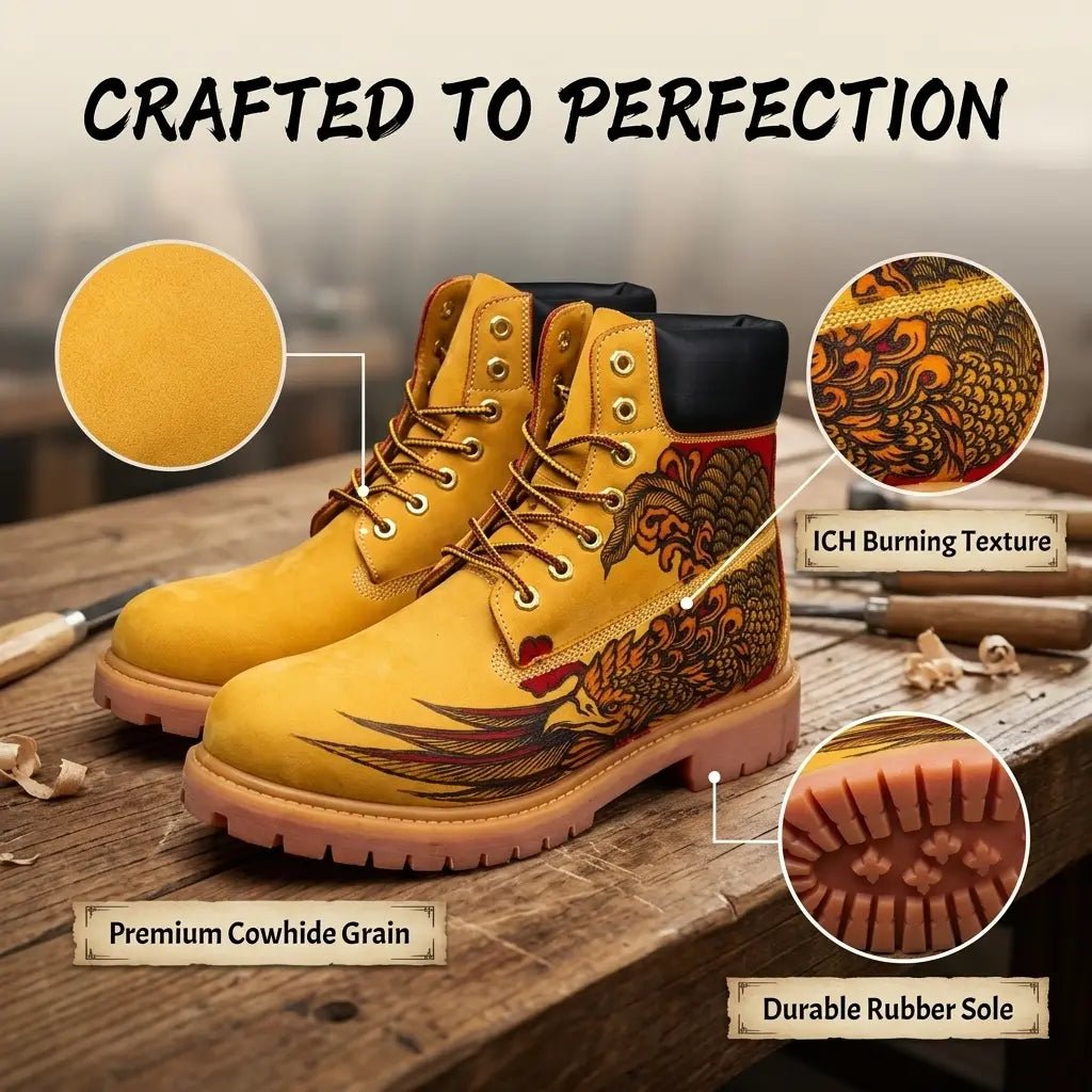 Handcrafted Phoenix Pyrography Leather Work Boots | Amber Cowhide Hand‑Pyrography Genuine Leather Work Boots