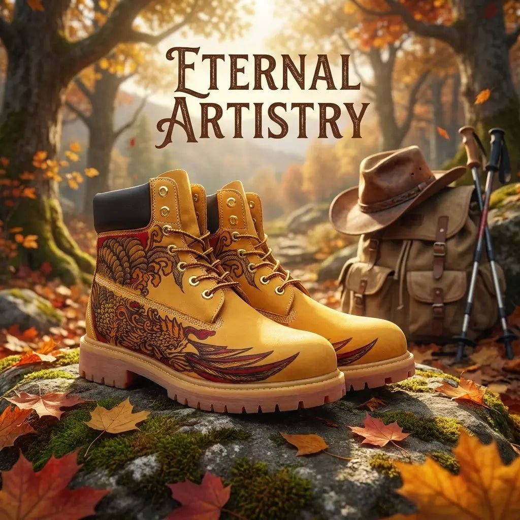 Handcrafted Phoenix Pyrography Leather Work Boots | Amber Cowhide Hand‑Pyrography Genuine Leather Work Boots