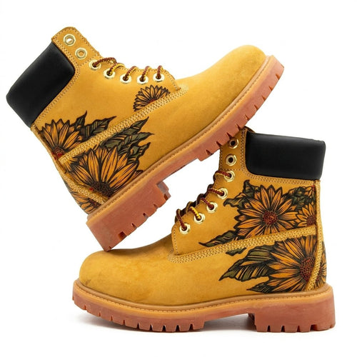 Hand‑Engraved Custom Pattern Men Leather Boots, Durable Yellow Genuine Leather Outdoor Work Boot Hand‑Pyrography Genuine Leather Work Boots