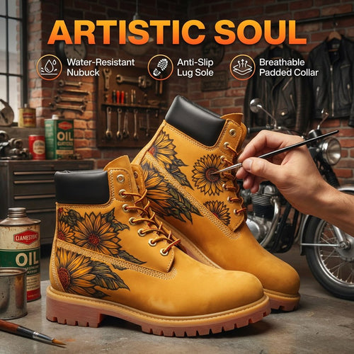 Hand‑Engraved Custom Pattern Men Leather Boots, Durable Yellow Genuine Leather Outdoor Work Boot Hand‑Pyrography Genuine Leather Work Boots