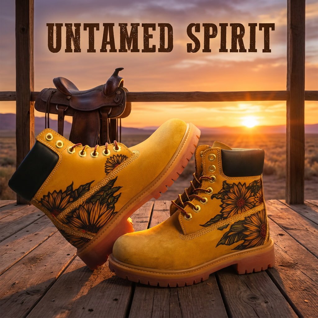 Hand‑Engraved Custom Pattern Men Leather Boots, Durable Yellow Genuine Leather Outdoor Work Boot Hand‑Pyrography Genuine Leather Work Boots