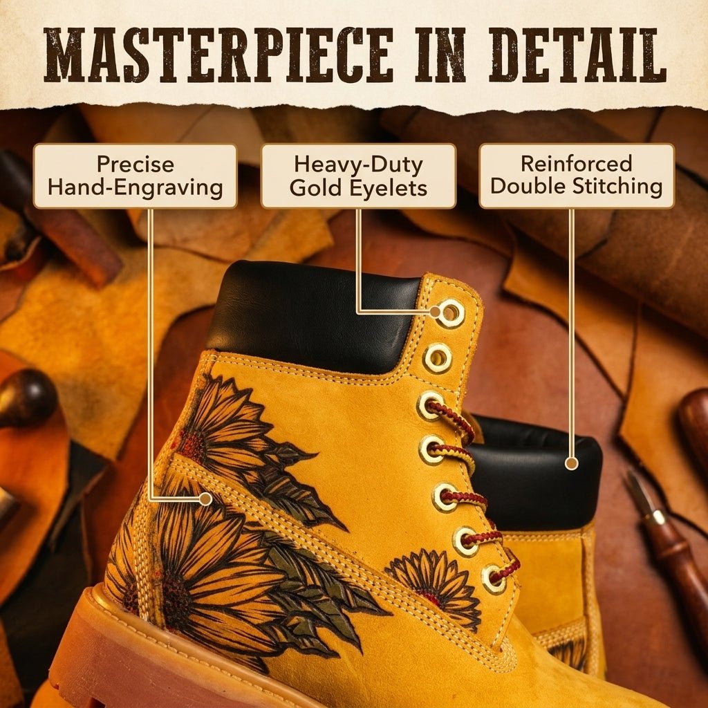 Hand‑Engraved Custom Pattern Men Leather Boots, Durable Yellow Genuine Leather Outdoor Work Boot Hand‑Pyrography Genuine Leather Work Boots
