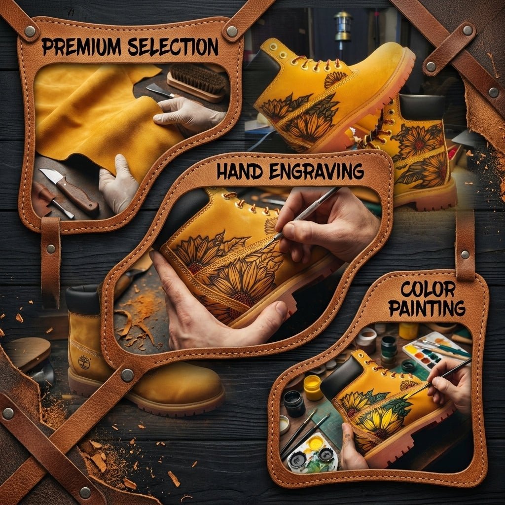 Hand‑Engraved Custom Pattern Men Leather Boots, Durable Yellow Genuine Leather Outdoor Work Boot Hand‑Pyrography Genuine Leather Work Boots