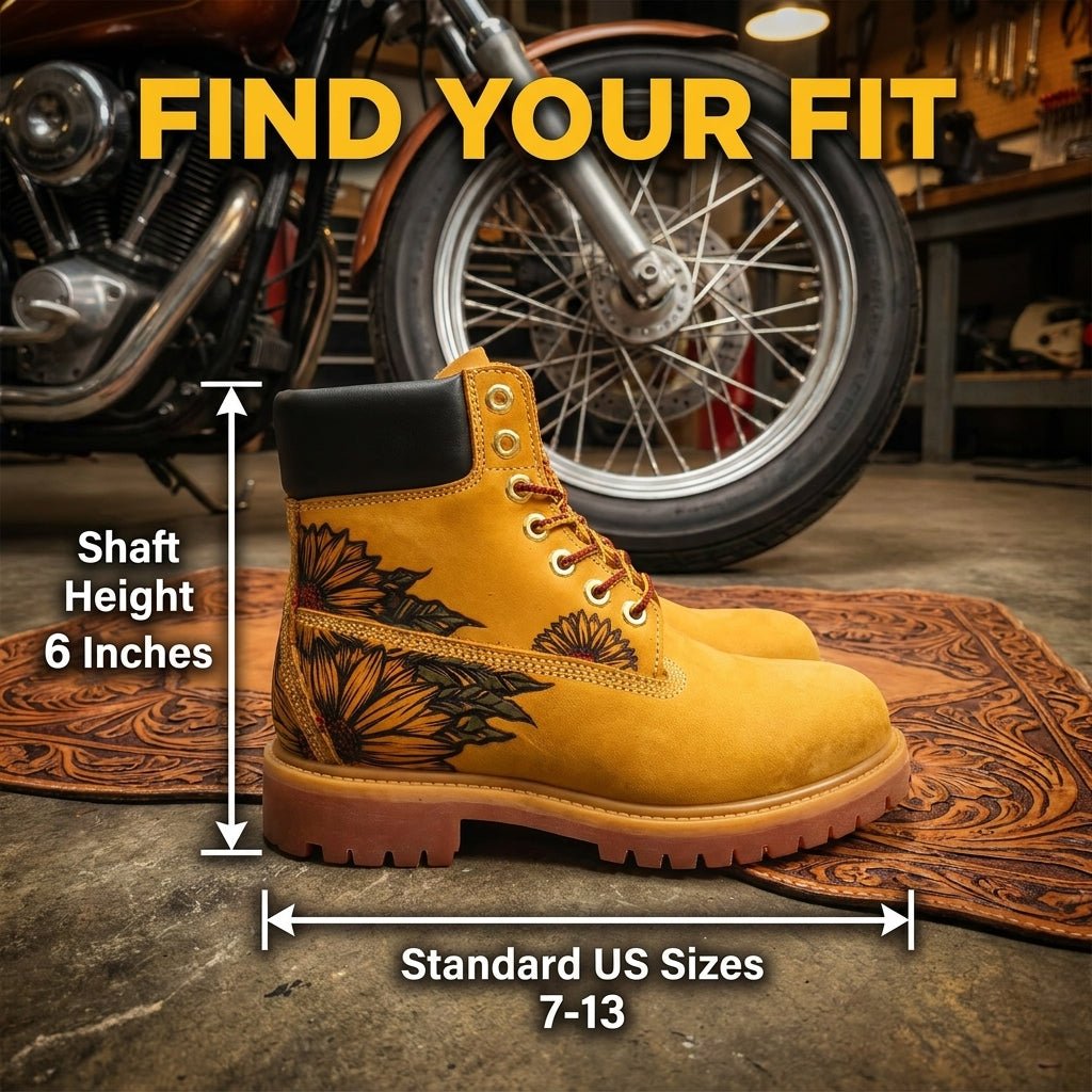 Hand‑Engraved Custom Pattern Men Leather Boots, Durable Yellow Genuine Leather Outdoor Work Boot Hand‑Pyrography Genuine Leather Work Boots