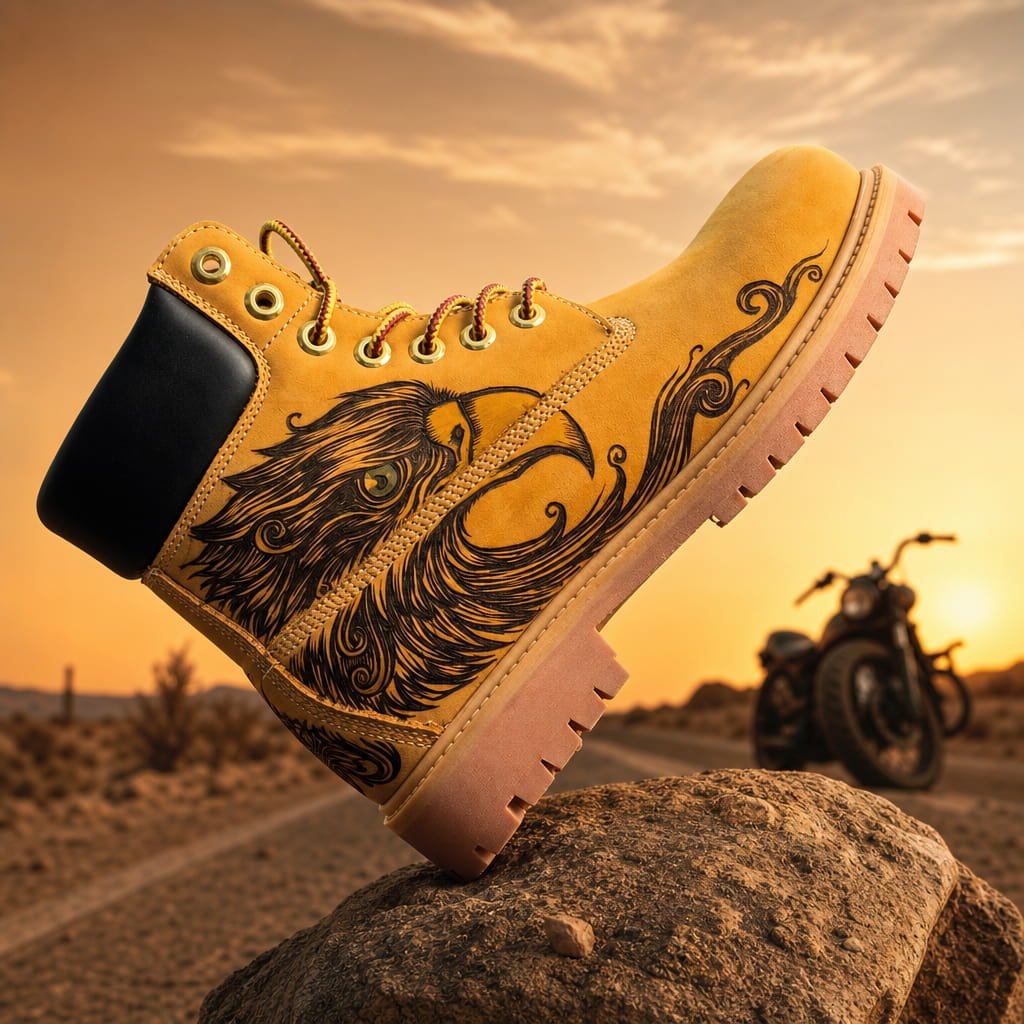 Men's Eagle Pyrography Leather Work Boots | Wheat Cowhide | PyroLeather Co Hand‑Pyrography Genuine Leather Work Boots