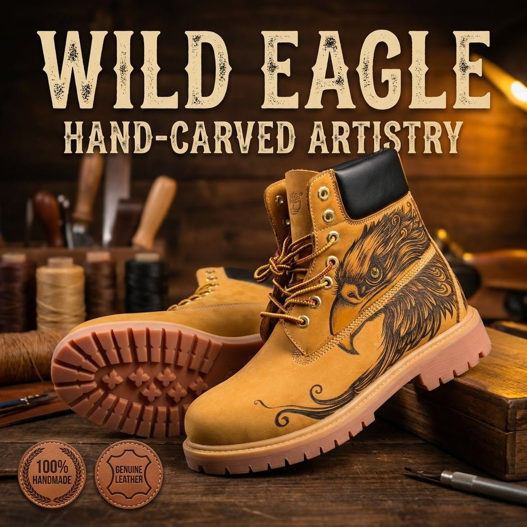 Men's Eagle Pyrography Leather Work Boots | Wheat Cowhide | PyroLeather Co Hand‑Pyrography Genuine Leather Work Boots