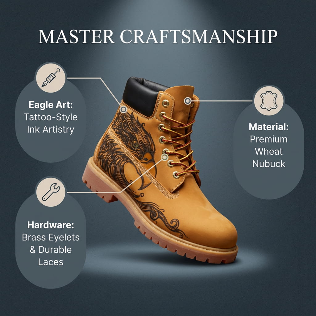 Men's Eagle Pyrography Leather Work Boots | Wheat Cowhide | PyroLeather Co Hand‑Pyrography Genuine Leather Work Boots