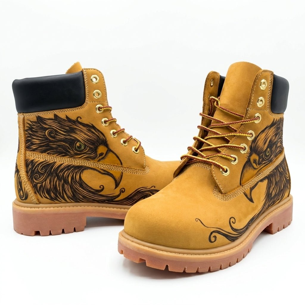 Men's Eagle Pyrography Leather Work Boots | Wheat Cowhide | PyroLeather Co Hand‑Pyrography Genuine Leather Work Boots