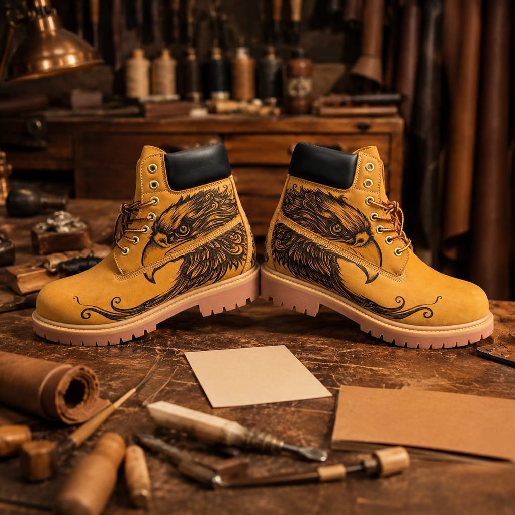 Men's Eagle Pyrography Leather Work Boots | Wheat Cowhide | PyroLeather Co Hand‑Pyrography Genuine Leather Work Boots