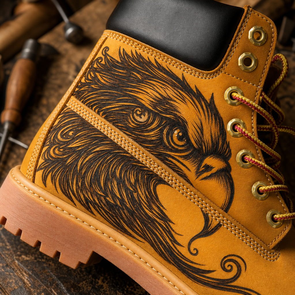 Men's Eagle Pyrography Leather Work Boots | Wheat Cowhide | PyroLeather Co Hand‑Pyrography Genuine Leather Work Boots