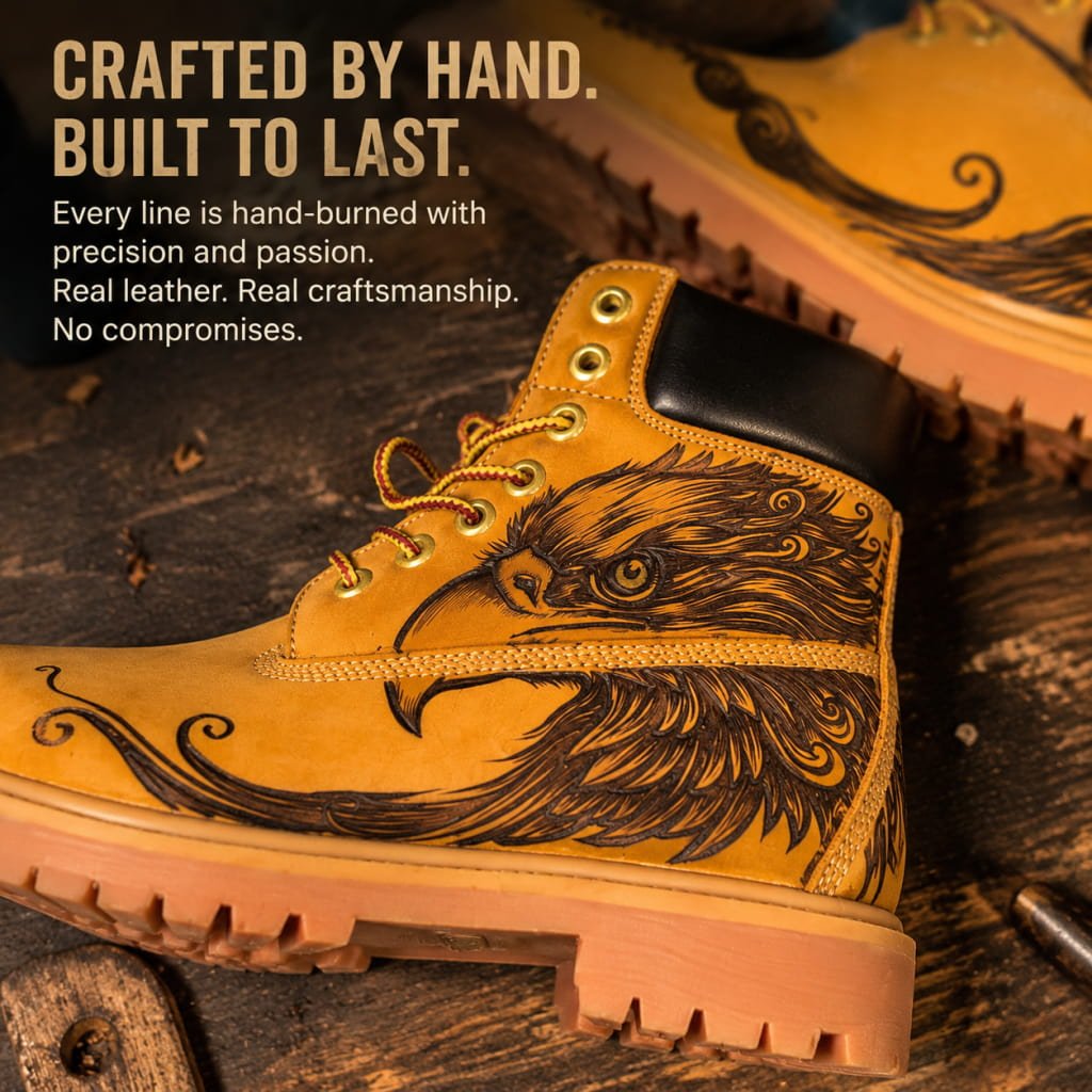 Men's Eagle Pyrography Leather Work Boots | Wheat Cowhide | PyroLeather Co Hand‑Pyrography Genuine Leather Work Boots
