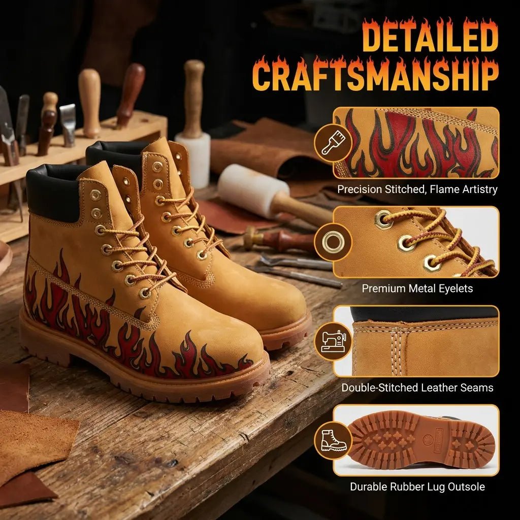 Men's Flame Pyrography Leather Work Boots | Wheat Cowhide | PyroLeather Co Hand‑Pyrography Genuine Leather Work Boots