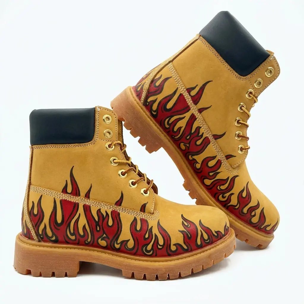 Men's Flame Pyrography Leather Work Boots | Wheat Cowhide | PyroLeather Co Hand‑Pyrography Genuine Leather Work Boots