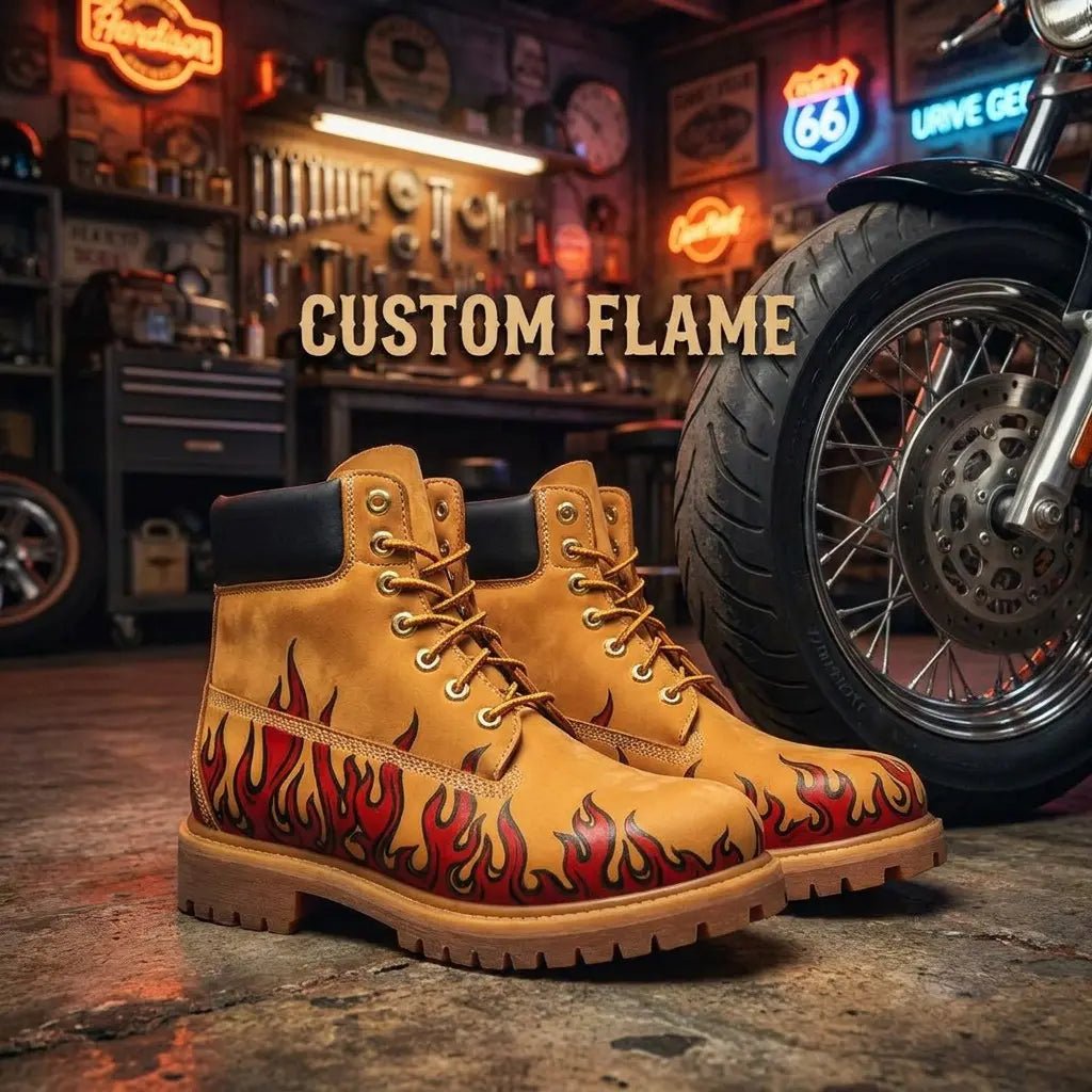 Men's Flame Pyrography Leather Work Boots | Wheat Cowhide | PyroLeather Co Hand‑Pyrography Genuine Leather Work Boots
