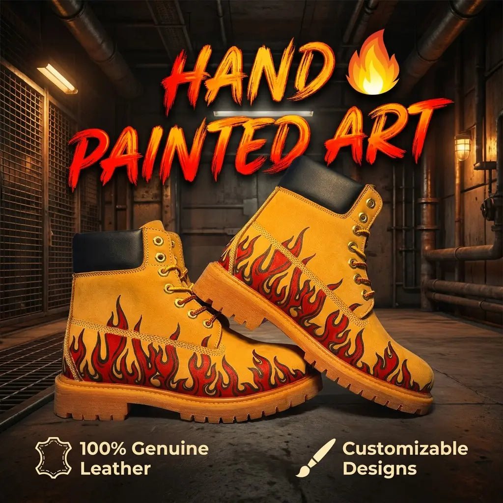 Men's Flame Pyrography Leather Work Boots | Wheat Cowhide | PyroLeather Co Hand‑Pyrography Genuine Leather Work Boots