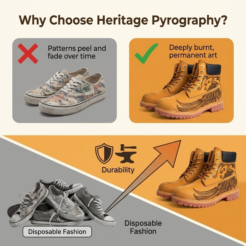 Men’s Genuine Leather Yellow Work Boots, Hand‑Engraved Custom Pattern Durable Outdoor Ankle Boots Hand‑Pyrography Genuine Leather Work Boots