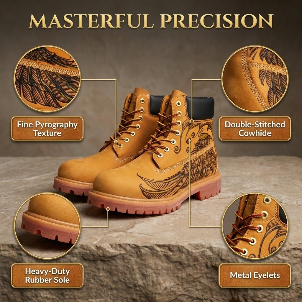 Men’s Genuine Leather Yellow Work Boots, Hand‑Engraved Custom Pattern Durable Outdoor Ankle Boots Hand‑Pyrography Genuine Leather Work Boots