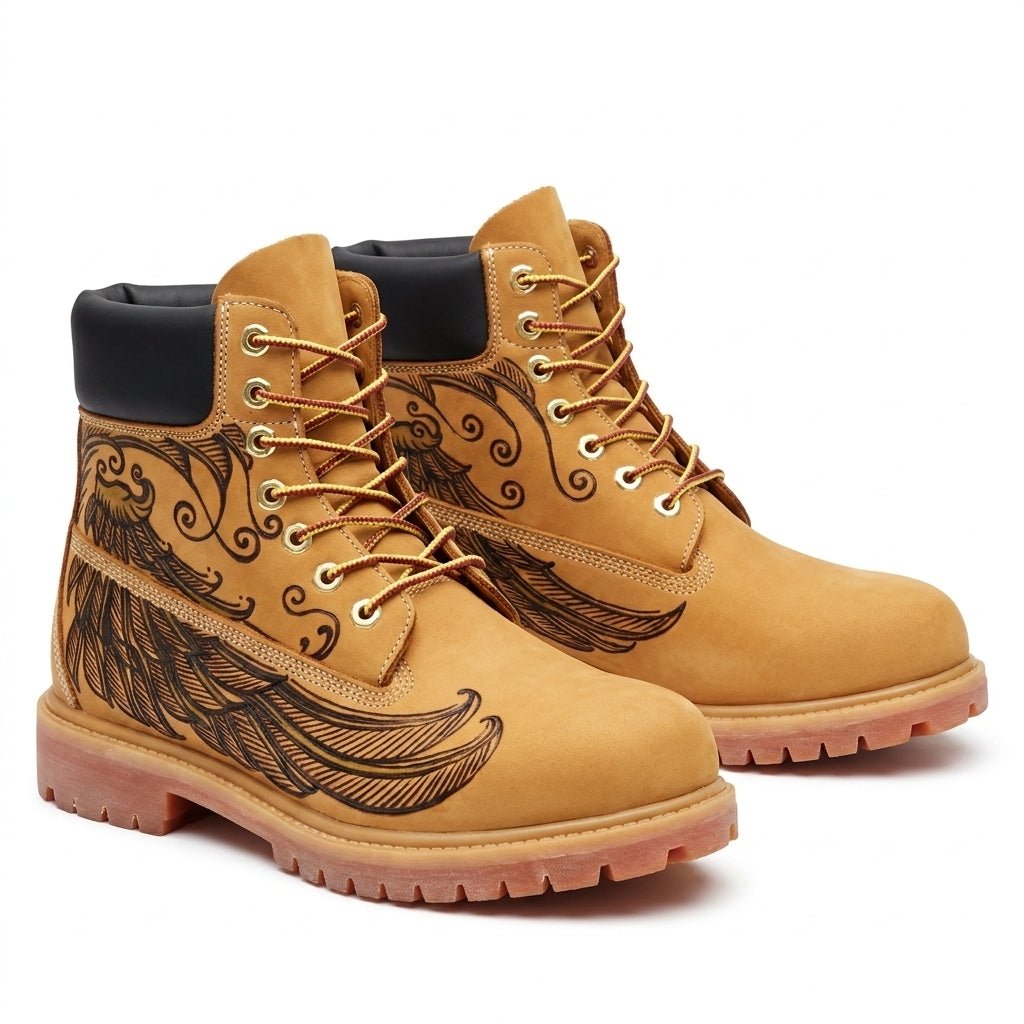 Men’s Genuine Leather Yellow Work Boots, Hand‑Engraved Custom Pattern Durable Outdoor Ankle Boots Hand‑Pyrography Genuine Leather Work Boots