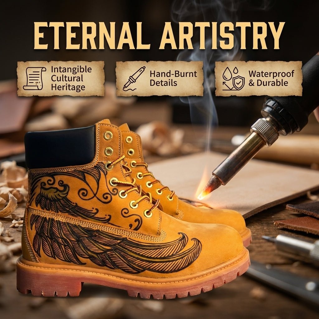 Men’s Genuine Leather Yellow Work Boots, Hand‑Engraved Custom Pattern Durable Outdoor Ankle Boots Hand‑Pyrography Genuine Leather Work Boots
