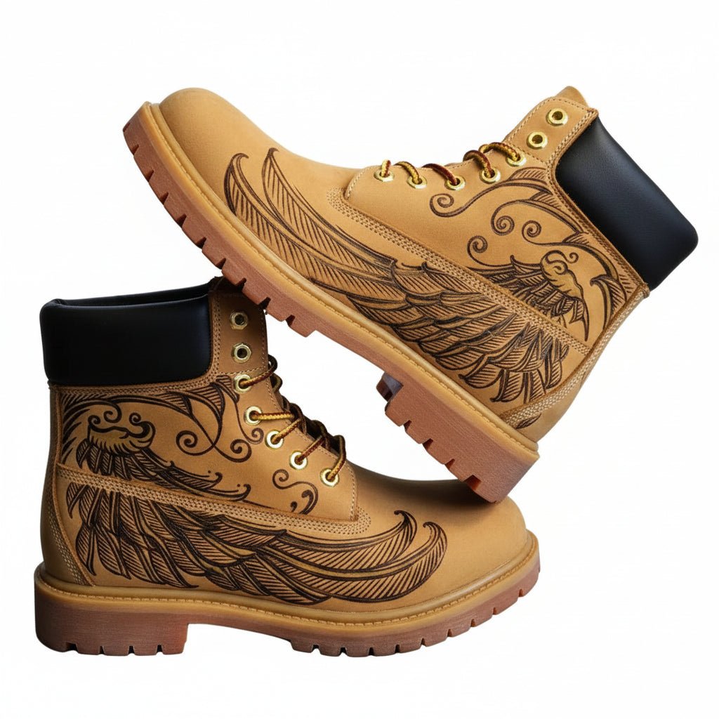 Men’s Genuine Leather Yellow Work Boots, Hand‑Engraved Custom Pattern Durable Outdoor Ankle Boots Hand‑Pyrography Genuine Leather Work Boots