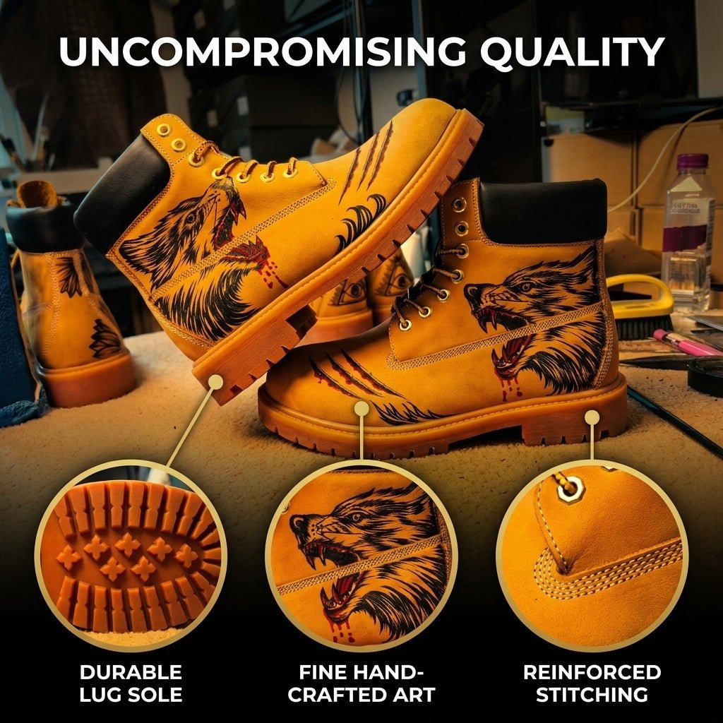 Men's Hand-Pyrography Leather Work Boots | Artisan Cowhide | PyroLeather Co Hand‑Pyrography Genuine Leather Work Boots