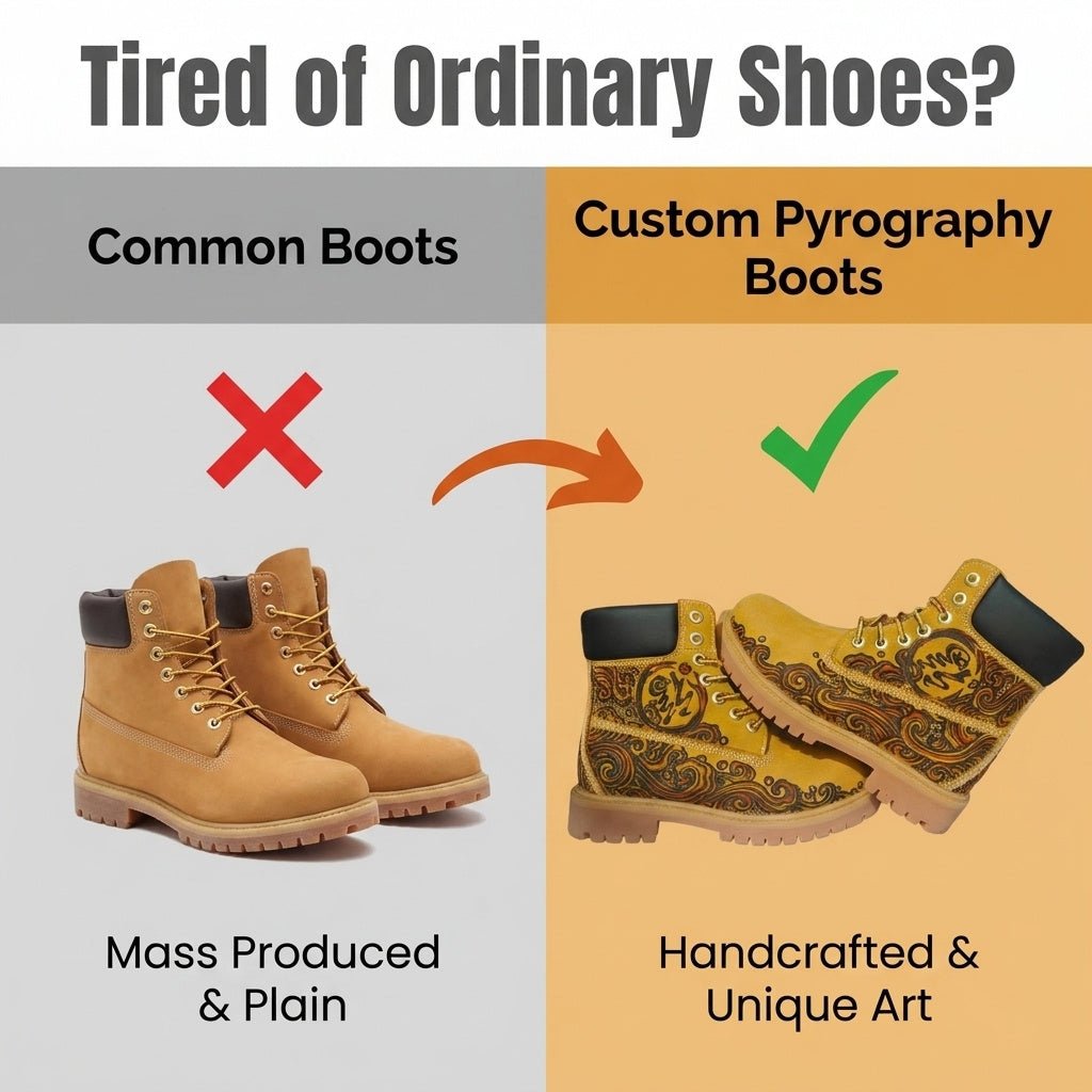 Men's Hand‑Branded Swirl Totem Leather Boots | Pyrography Art Work Boots Hand‑Pyrography Genuine Leather Work Boots