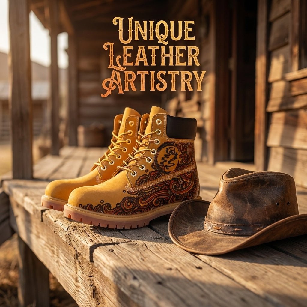Men's Hand‑Branded Swirl Totem Leather Boots | Pyrography Art Work Boots Hand‑Pyrography Genuine Leather Work Boots