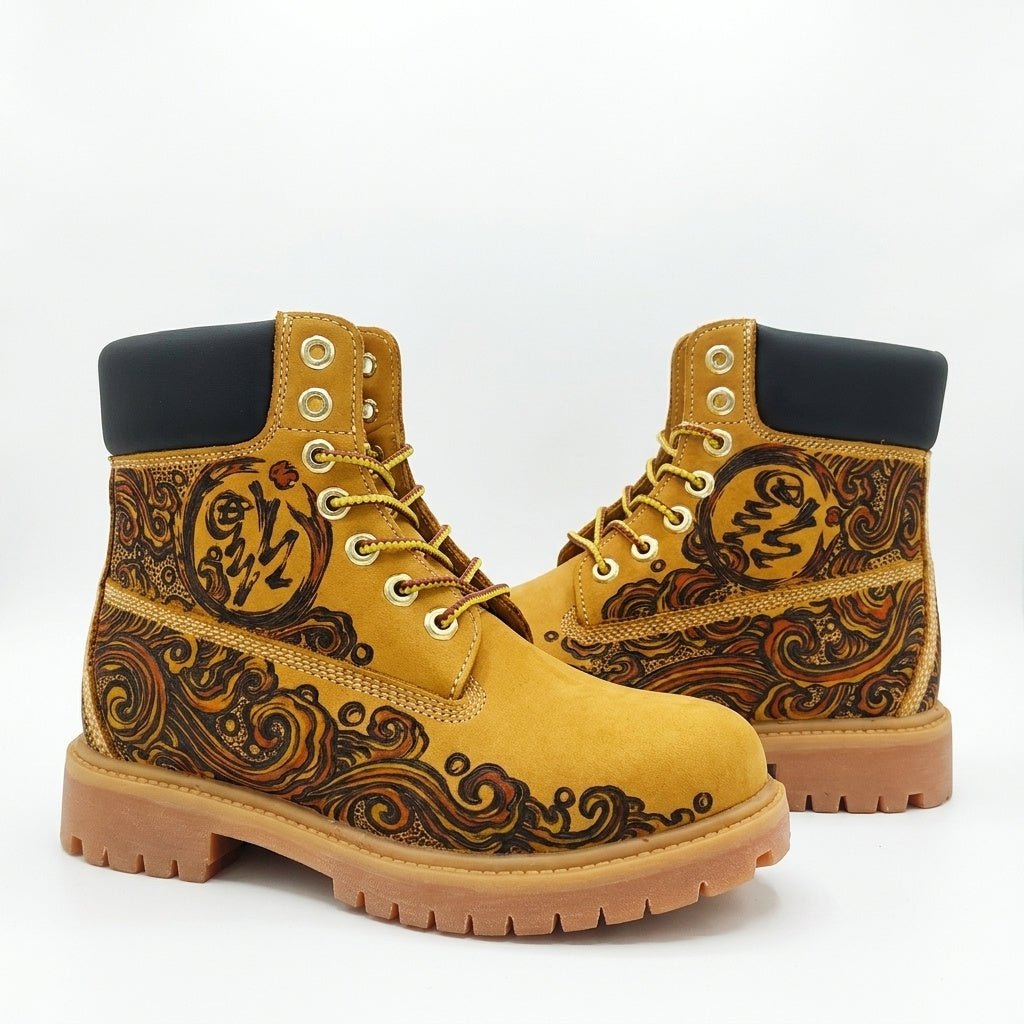 Men's Hand‑Branded Swirl Totem Leather Boots | Pyrography Art Work Boots Hand‑Pyrography Genuine Leather Work Boots