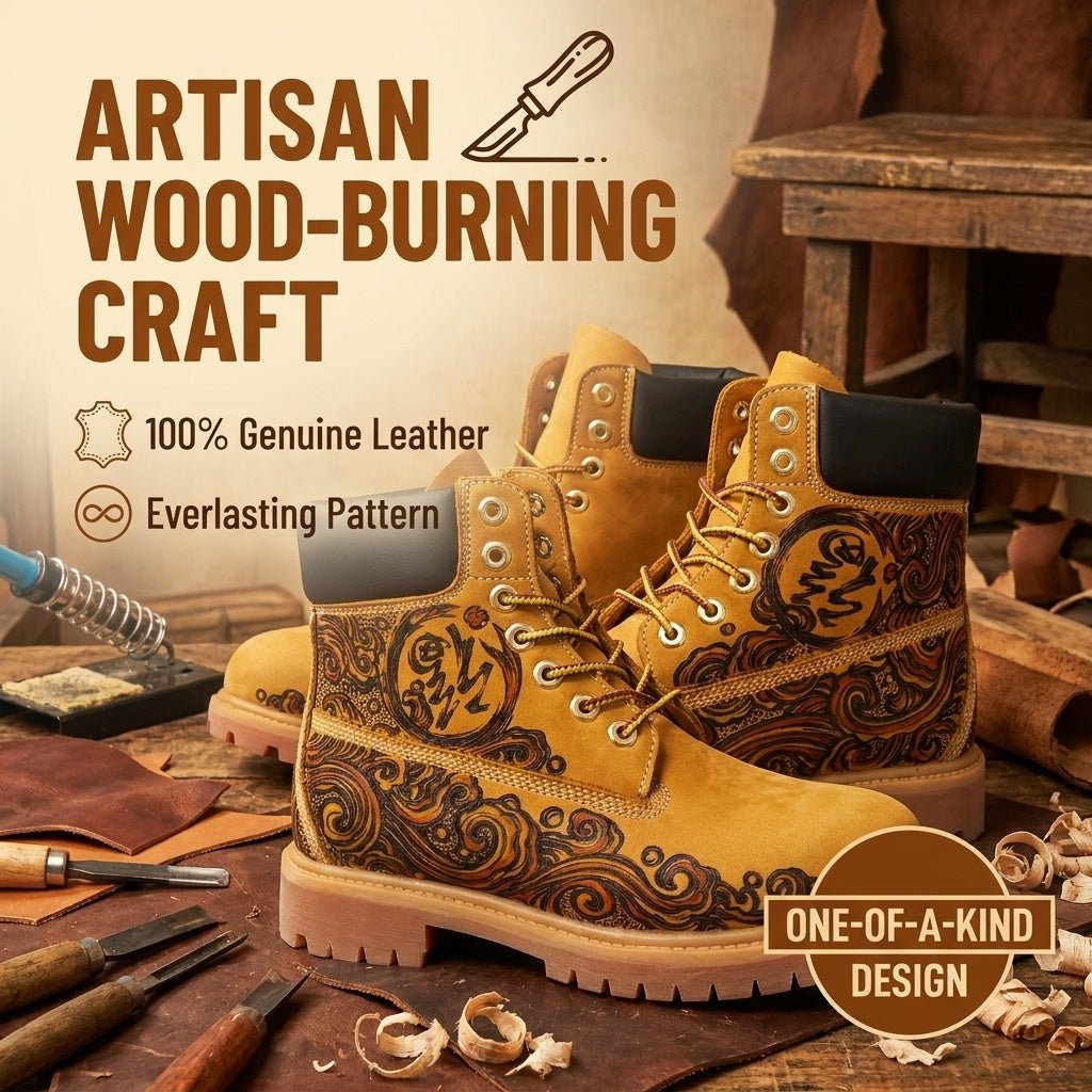 Men's Hand‑Branded Swirl Totem Leather Boots | Pyrography Art Work Boots Hand‑Pyrography Genuine Leather Work Boots