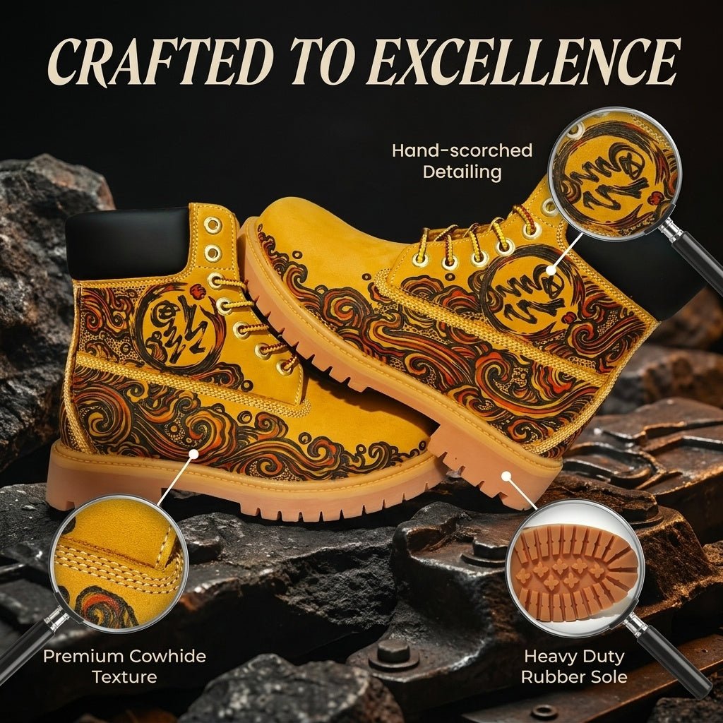Men's Hand‑Branded Swirl Totem Leather Boots | Pyrography Art Work Boots Hand‑Pyrography Genuine Leather Work Boots