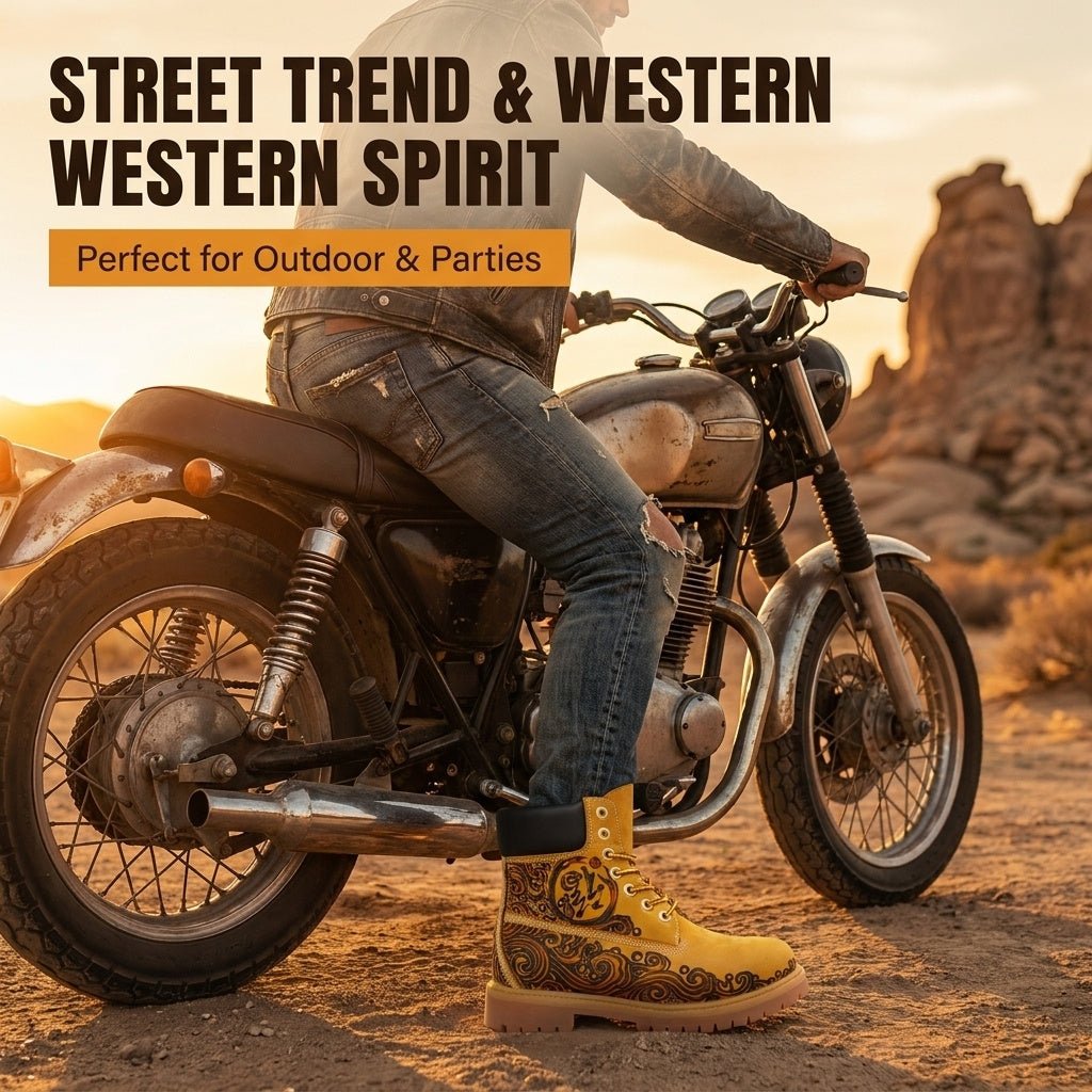 Men's Hand‑Branded Swirl Totem Leather Boots | Pyrography Art Work Boots Hand‑Pyrography Genuine Leather Work Boots