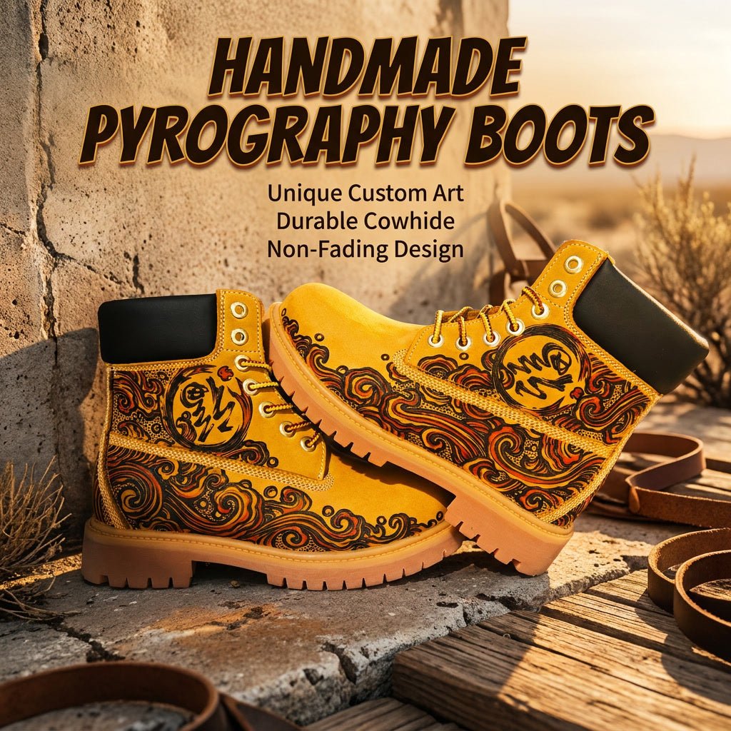 Men's Hand‑Branded Swirl Totem Leather Boots | Pyrography Art Work Boots Hand‑Pyrography Genuine Leather Work Boots