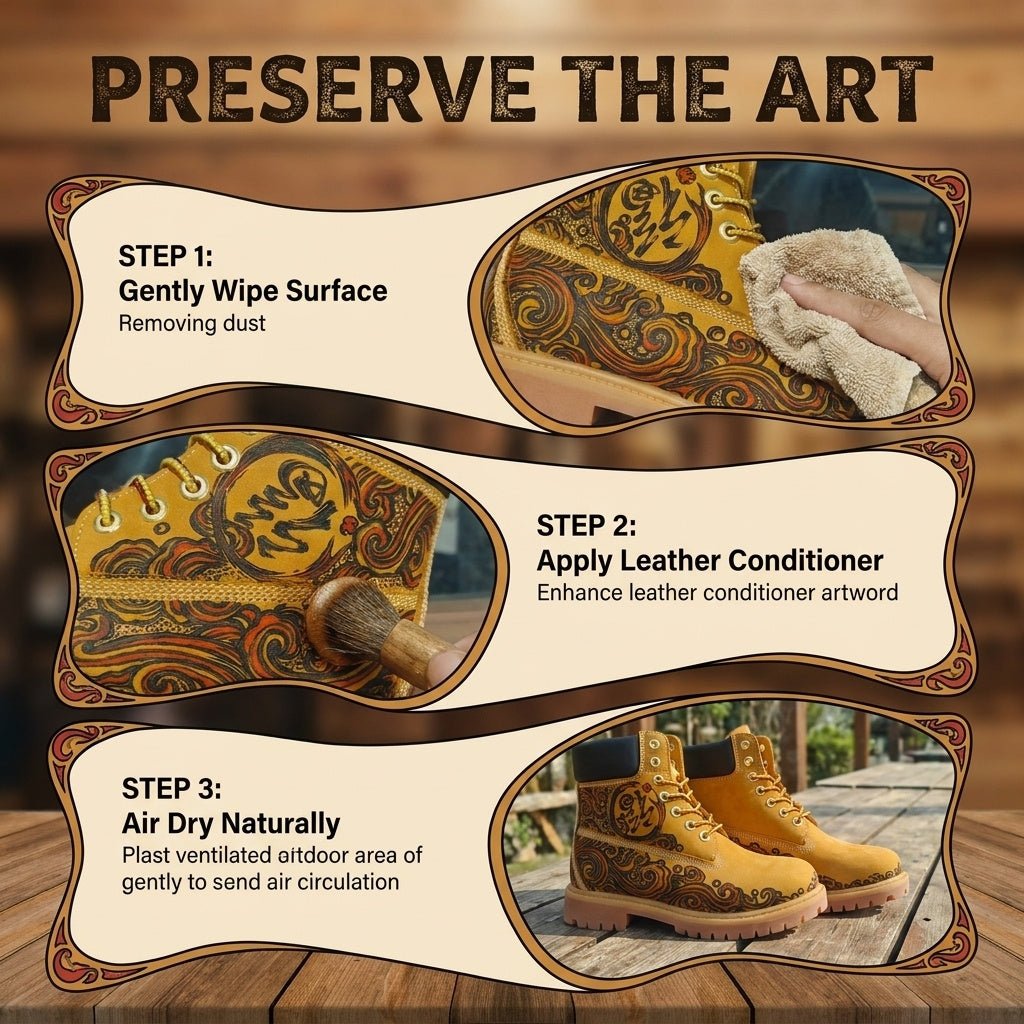 Men's Hand‑Branded Swirl Totem Leather Boots | Pyrography Art Work Boots Hand‑Pyrography Genuine Leather Work Boots