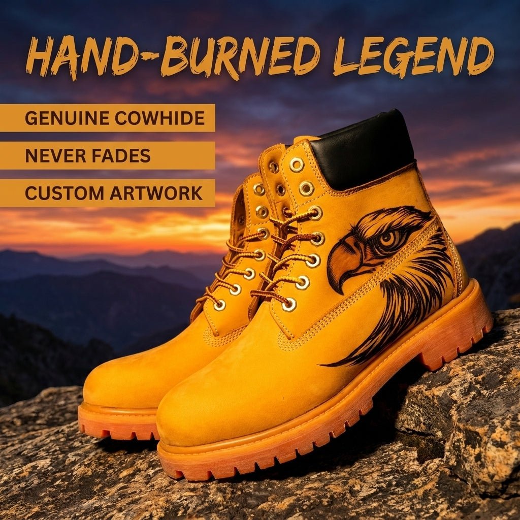 Men's Handcrafted Pyrography Leather Ankle Boots | Genuine Cowhide | PyroLeather Co Hand‑Pyrography Genuine Leather Work Boots
