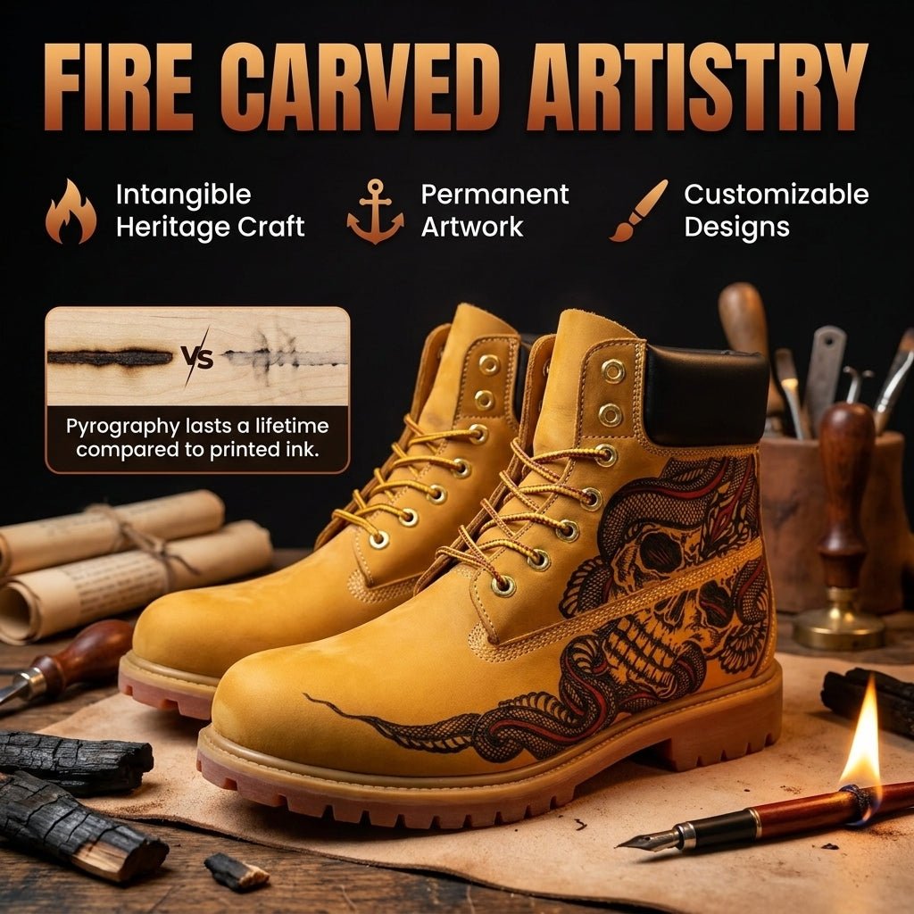 Men's Handcrafted Pyrography Leather Work Boots | Genuine Cowhide | PyroLeather Co Hand‑Pyrography Genuine Leather Work Boots
