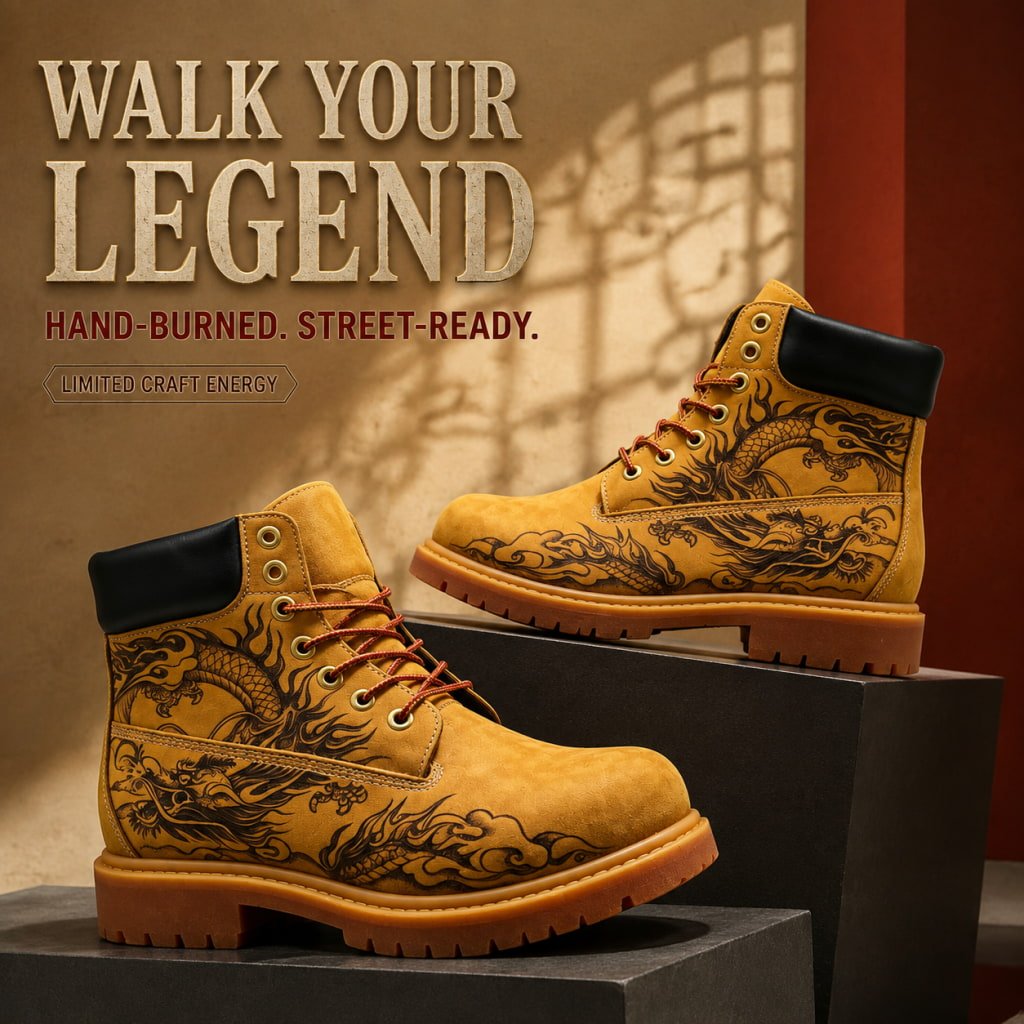 Men's Hand‑Pyrography Genuine Leather Work Boots, Handcrafted Rugged Ankle Boots Hand‑Pyrography Genuine Leather Work Boots