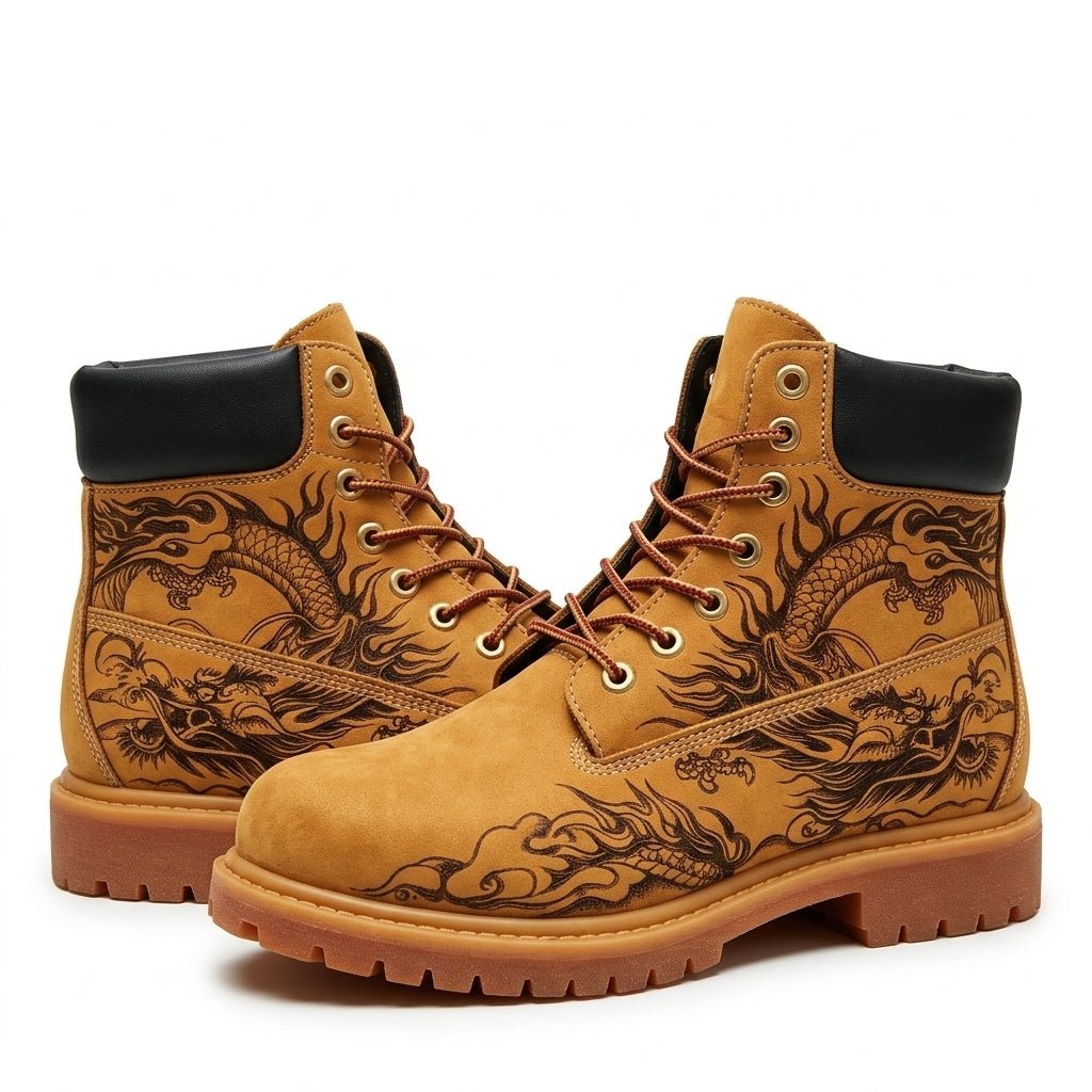 Men's Hand‑Pyrography Genuine Leather Work Boots, Handcrafted Rugged Ankle Boots Hand‑Pyrography Genuine Leather Work Boots
