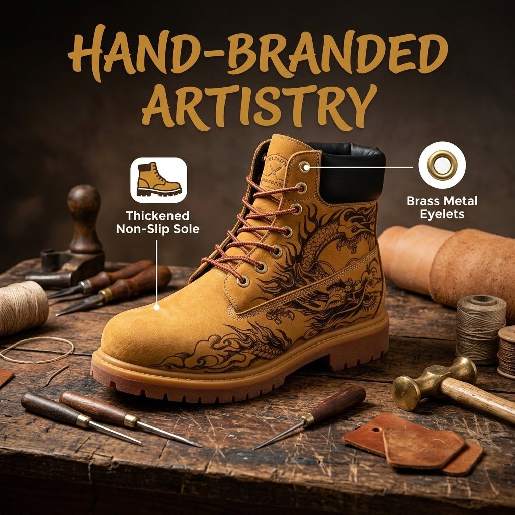 Men's Hand‑Pyrography Genuine Leather Work Boots, Handcrafted Rugged Ankle Boots Hand‑Pyrography Genuine Leather Work Boots