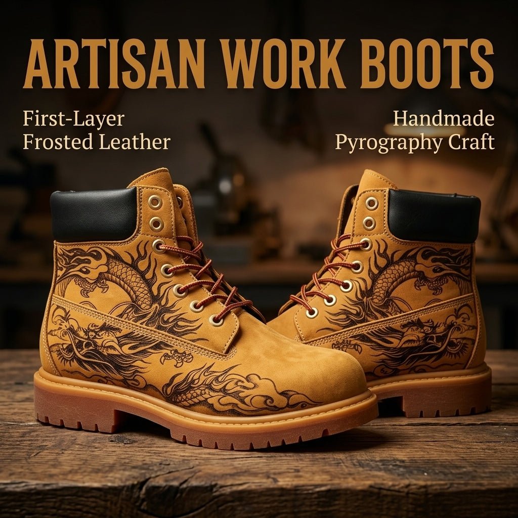 Men's Hand‑Pyrography Genuine Leather Work Boots, Handcrafted Rugged Ankle Boots Hand‑Pyrography Genuine Leather Work Boots