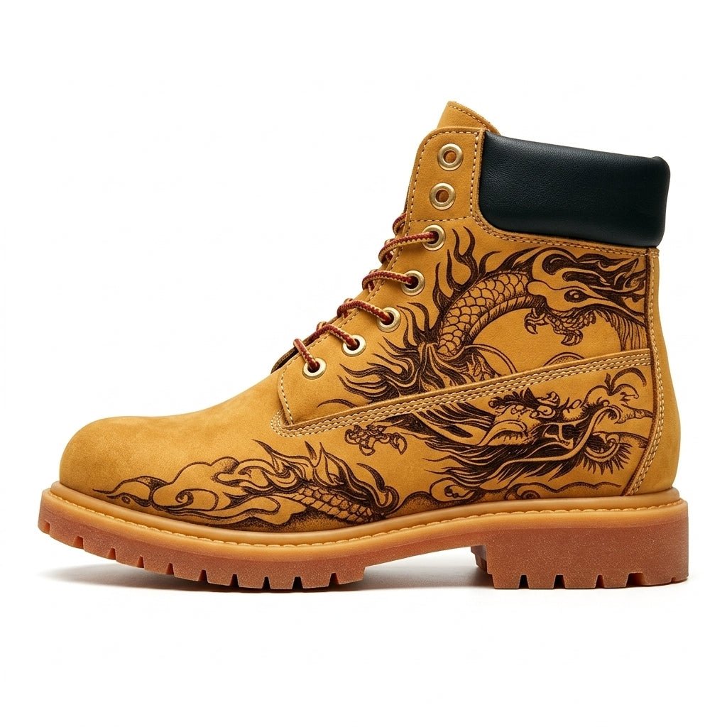 Men's Hand‑Pyrography Genuine Leather Work Boots, Handcrafted Rugged Ankle Boots Hand‑Pyrography Genuine Leather Work Boots