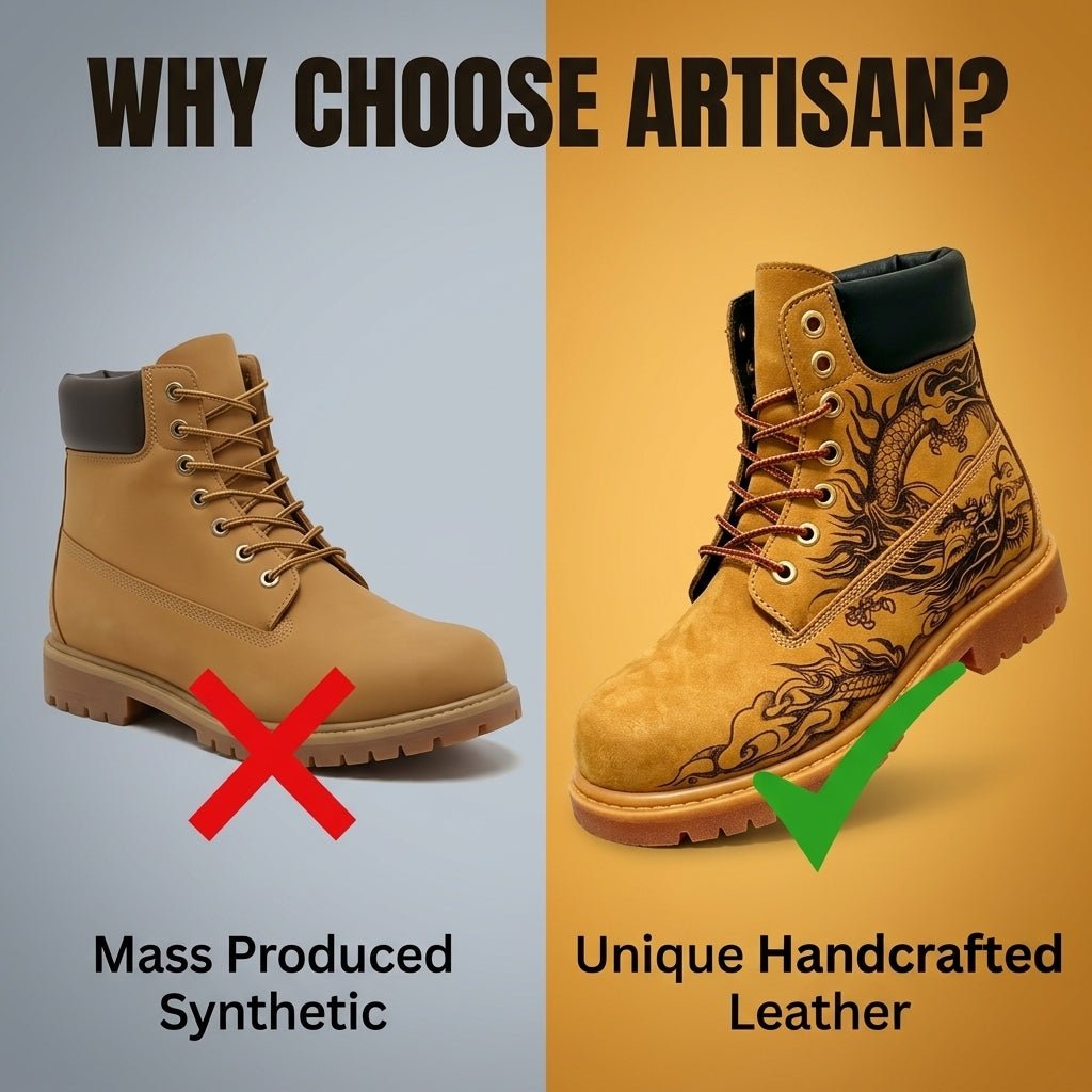 Men's Hand‑Pyrography Genuine Leather Work Boots, Handcrafted Rugged Ankle Boots Hand‑Pyrography Genuine Leather Work Boots