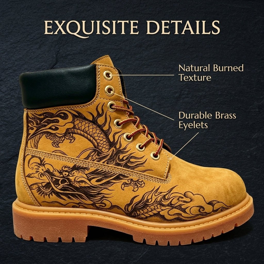 Men's Hand‑Pyrography Genuine Leather Work Boots, Handcrafted Rugged Ankle Boots Hand‑Pyrography Genuine Leather Work Boots