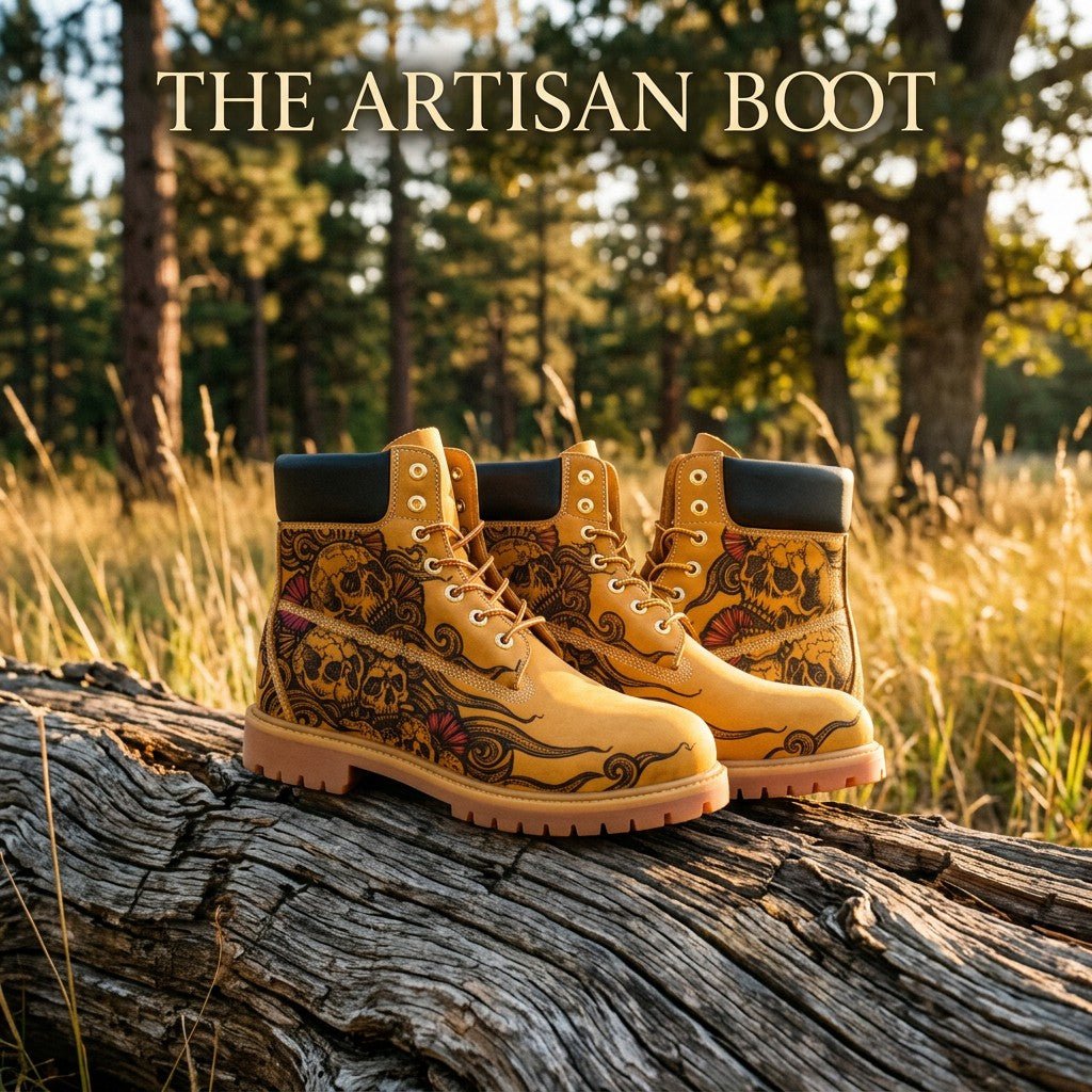 Men's Hand‑Pyrography Leather Work Boots, Handcrafted Genuine Leather Rugged Ankle Boots Hand‑Pyrography Genuine Leather Work Boots